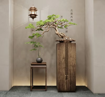 Traditional Chinese Bonsai Plant Display On Wooden Pedestal With Ceramic Vase And Small Table 3d model