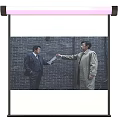 Projection Screen Showing Two Men Handing Paper On Brick Wall Background 3d model