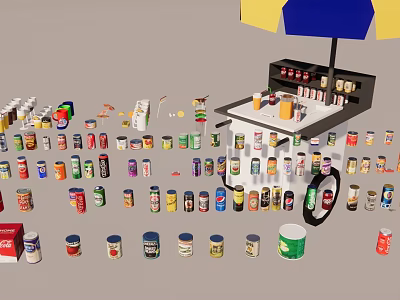 Colorful Drink Cans And Bottles At Street Stall With Umbrella Displaying Various Refreshments 3d model