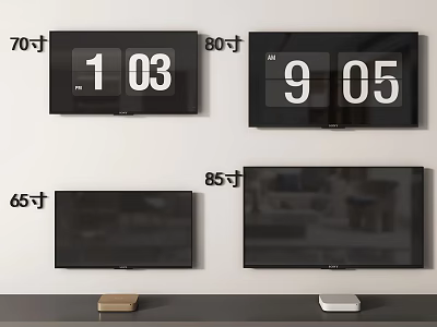 Various Size Televisions 65 70 80 85 Inch Models Featuring Digital Time Displays 3d model
