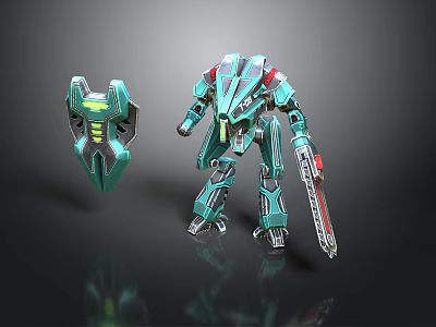 Detailed Green Mechanical Robot Model With Shield And Sword Accessory 3d model