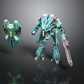Detailed Green Mechanical Robot Model With Shield And Sword Accessory