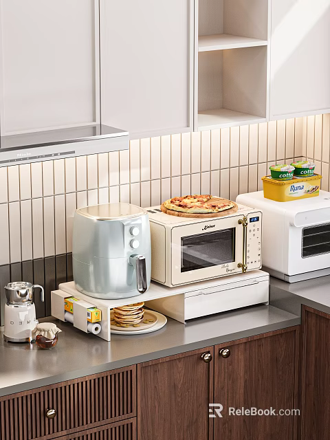 Modern Kitchen Appliances On Countertop With Air Fryer Microwave Toaster Oven And Coffee Maker 3d model 