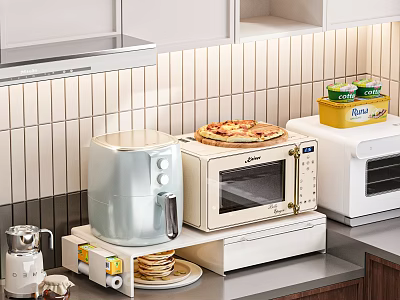 Modern Kitchen Appliances On Countertop With Air Fryer Microwave Toaster Oven And Coffee Maker 3d model