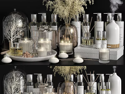Stylish Bathroom Accessories Including Fragrance Candles Hand Soap Bottles and Decorative Shells 3d model