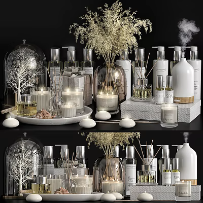 Stylish Bathroom Accessories Including Fragrance Candles Hand Soap Bottles and Decorative Shells 3d model