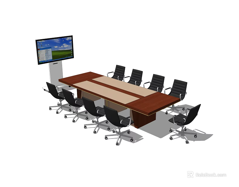 Rectangular Wooden Conference Table With Black Office Chairs And Wall Mounted Flat Screen TV 3d model