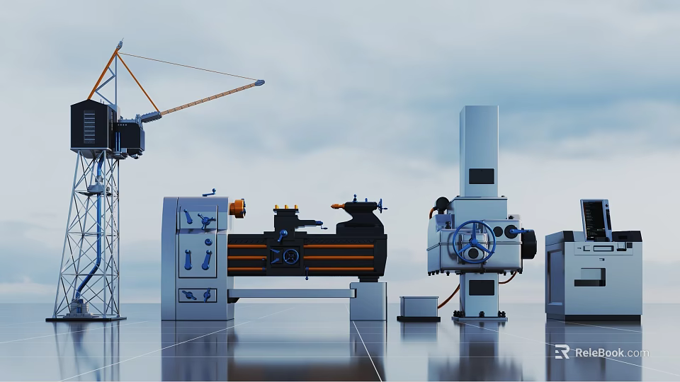 Industrial Manufacturing Machinery Lathe Milling Machine Crane And Control Panel 3d model 