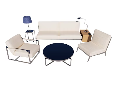 Modern White Sofa and Black Round Coffee Table with Two Armchairs Side Tables and Lamps 3d model