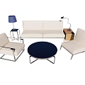 Modern White Sofa and Black Round Coffee Table with Two Armchairs Side Tables and Lamps