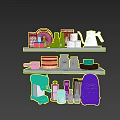 Organized Modern Kitchenware On Shelves With Jars Plates Coffee Maker And Mixer