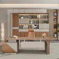 Modern Wooden Office Desk With Office Chair Bookshelf And Green Plant Interior