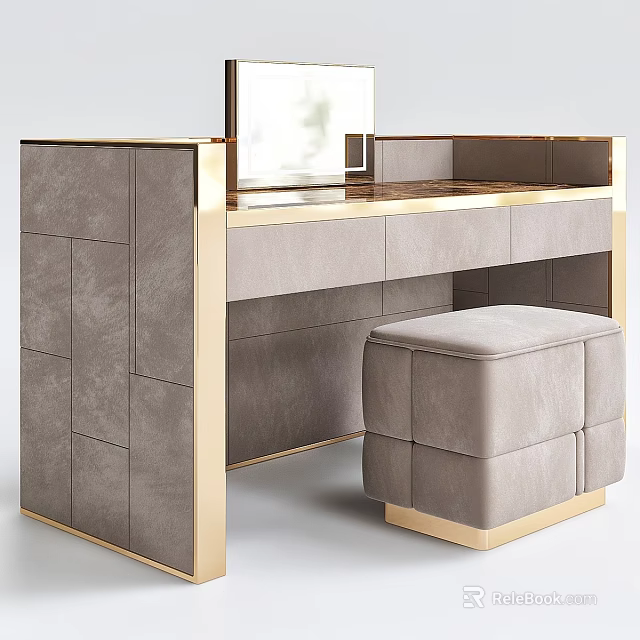 Elegant Modern Dressing Table With Leather Surface Gold Frame And Padded Stool 3d model 