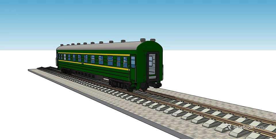 Green Train Carriage Traveling on Railway Tracks Under Clear Blue Sky 3d model 