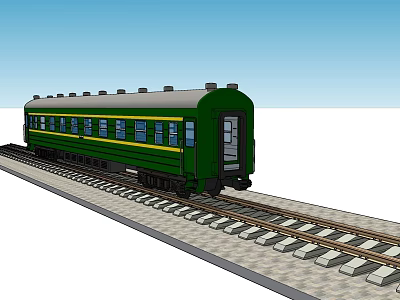 Green Train Carriage Traveling on Railway Tracks Under Clear Blue Sky 3d model