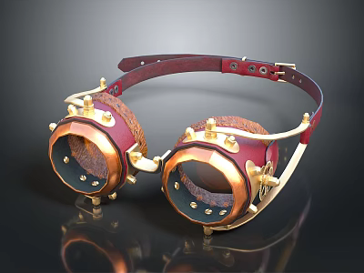 Steampunk Style Leather Strap Goggles With Gold Metal Accents And Red Frame Design 3d model