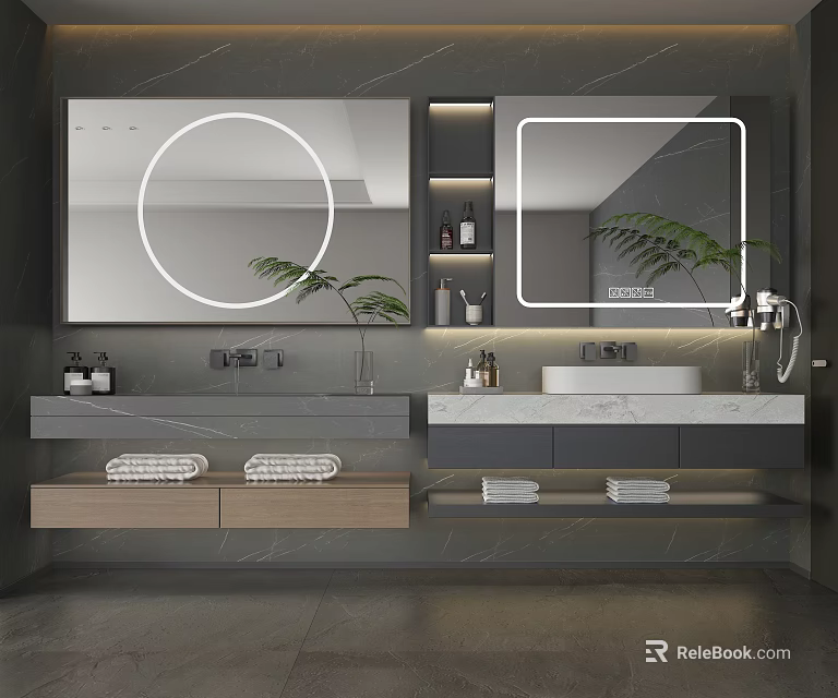 Modern Bathroom Vanity With Double Sink Backlit Mirrors And Potted Plant 3d model 