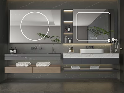 Modern Bathroom Vanity With Double Sink Backlit Mirrors And Potted Plant 3d model