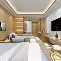 Modern Hotel Guest Room Featuring Twin Beds Wooden Walls Decorative Paintings And Window View
