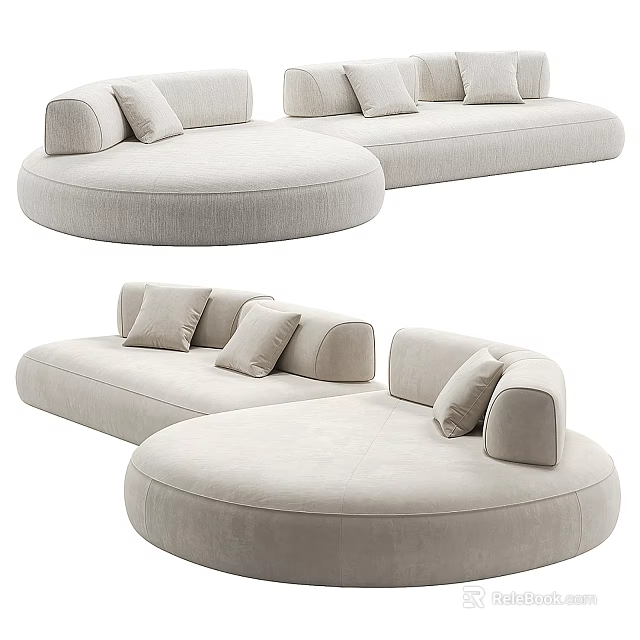 Modern Beige Sectional Sofa with Rounded Design and Comfortable Cushions 3d model 