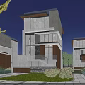 Modern Detached Villa With Glass Windows Landscaped Garden And Stone Pathway At Night