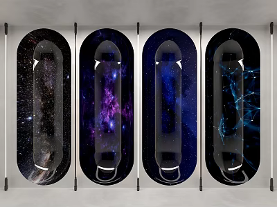 Café Interior Wall Decor With Four Skateboards Featuring Starry Space Nebula And Cosmic Patterns 3d model