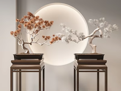 Orange And White Bonsai Trees In Black Pots On Wooden Stands Against Circular Light Backdrop 3d model