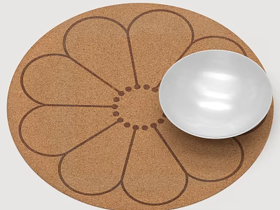 Cork Kitchen Placemat With Flower Pattern And White Ceramic Bowl 3d model
