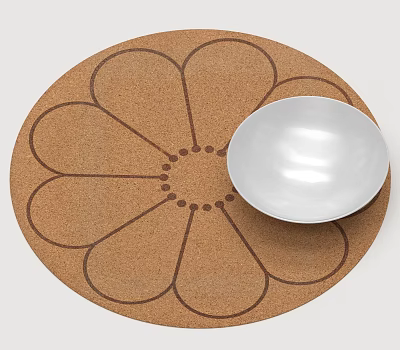 Cork Kitchen Placemat With Flower Pattern And White Ceramic Bowl 3d model