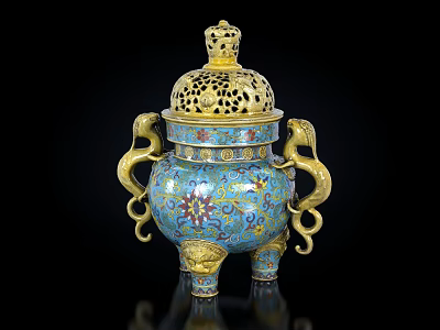 Blue Gold Cloisonne Decorative Ornament Set Featuring Colorful Patterns Pierced Lid Loop Handles Three Legs 3d model