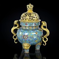 Blue Gold Cloisonne Decorative Ornament Set Featuring Colorful Patterns Pierced Lid Loop Handles Three Legs