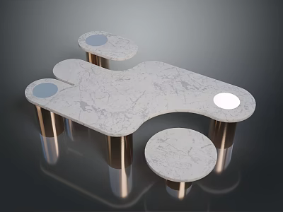Modern Irregular Shaped Marble Table Set With Matching Stools And Metal Legs 3d model