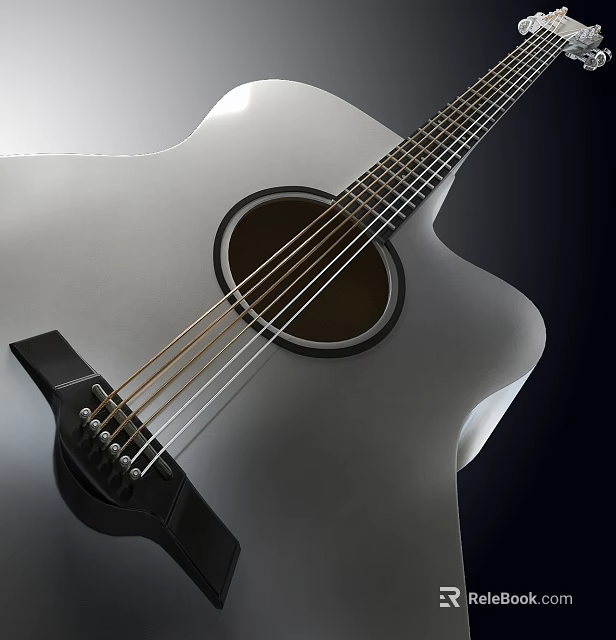 Silver Acoustic Guitar With Wooden Body Black Bridge And Steel Strings 3d model 