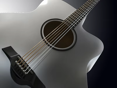 Silver Acoustic Guitar With Wooden Body Black Bridge And Steel Strings 3d model