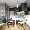 Modern Restaurant Interior With Green Plant Mural Glass Partition And Round Marble Dining Table