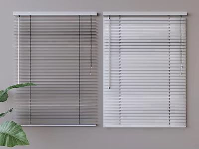Stylish Gray and White Window Blinds Wall Mounted with Green Plant Leaves 3d model