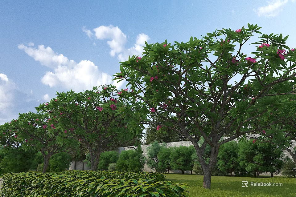 Municipal Road Landscaping With Trees Bearing Pink Flowers And Green Lawn 3d model 