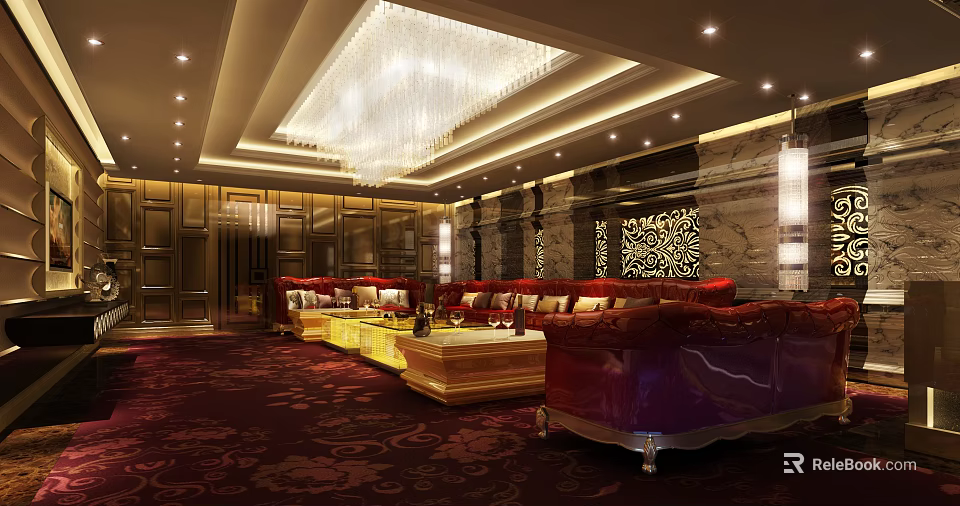 Luxurious KTV Room Interior With Red Sofas Golden Coffee Tables And Crystal Chandelier 3d model 