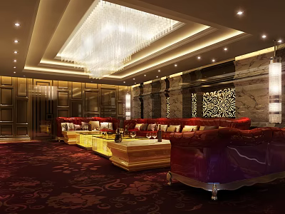 Luxurious KTV Room Interior With Red Sofas Golden Coffee Tables And Crystal Chandelier 3d model