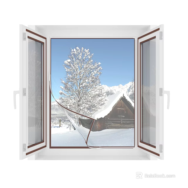 White Casement Window Displaying Snowy Tree Wooden Cabin And Snowy Mountains Under Blue Sky 3d model 