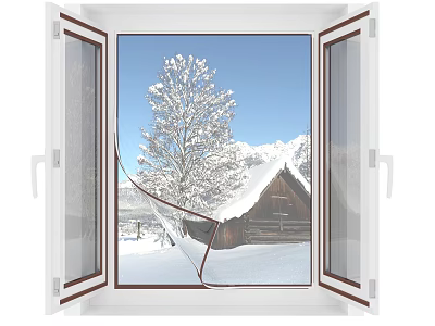 White Casement Window Displaying Snowy Tree Wooden Cabin And Snowy Mountains Under Blue Sky 3d model