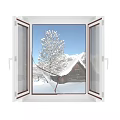 White Casement Window Displaying Snowy Tree Wooden Cabin And Snowy Mountains Under Blue Sky