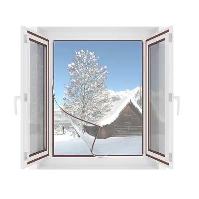 White Casement Window Displaying Snowy Tree Wooden Cabin And Snowy Mountains Under Blue Sky 3d model