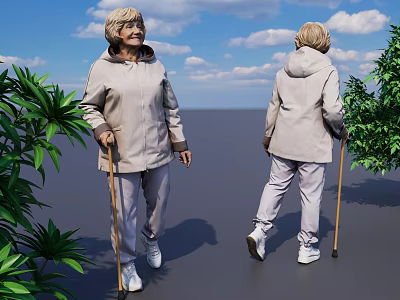 Elderly Woman Walking With Cane In Light Colored Coat And Pants Near Green Plants 3d model