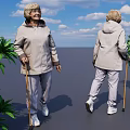 Elderly Woman Walking With Cane In Light Colored Coat And Pants Near Green Plants