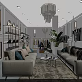 Elegant Clothing Store Interior With Comfortable Sofas Chandelier Green Plant Clothing Racks And Shoe Shelves