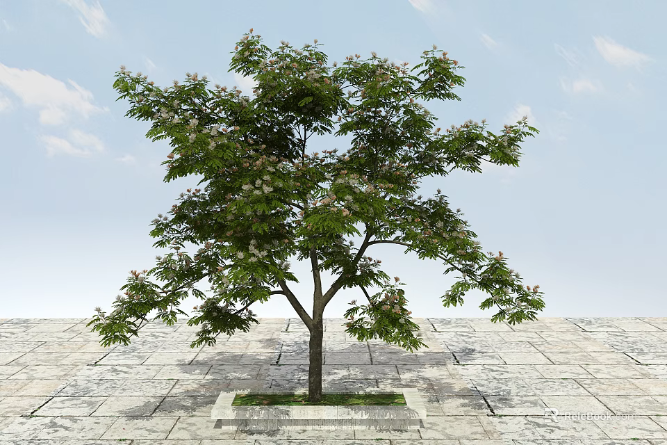 Lush Green Arbor With Dense Foliage And White Flowers On Stone Pavement Under Blue Sky 3d model 