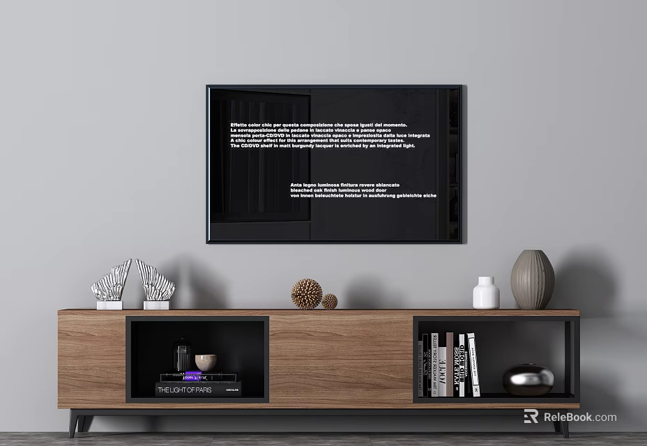 Wooden TV Stand With Storage Shelves And Decorative Items For Living Room 3d model 