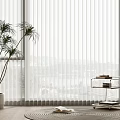 Modern Venetian Blinds In Bright Window Interior With Potted Plant And Rolling Trolley On Rug