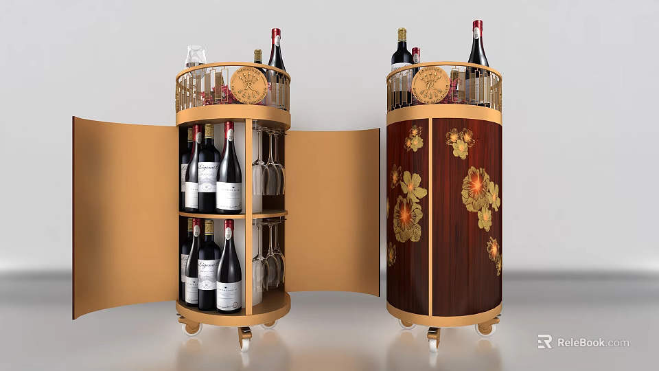 Elegant Round Wheeled Wine Cabinet With Open Doors Red Wine Bottles Glassware And Decorative Flowers 3d model 